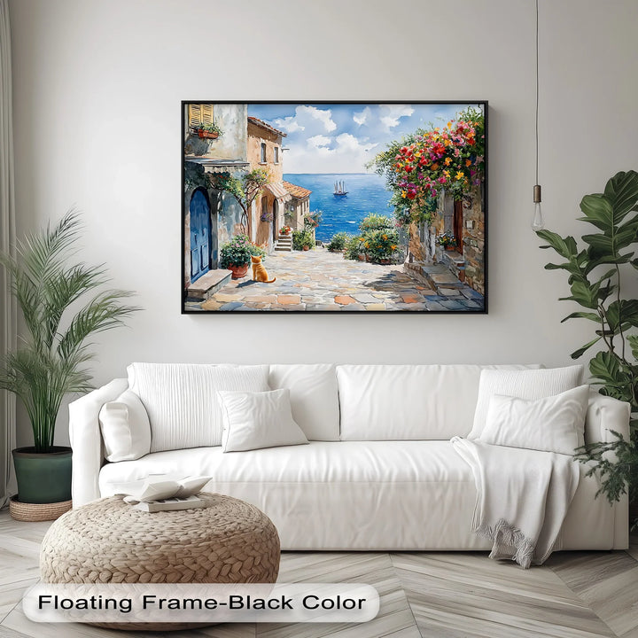 Mediterranean Daydream – Seaside Street with Cat Canvas Print - MyPhotoStation