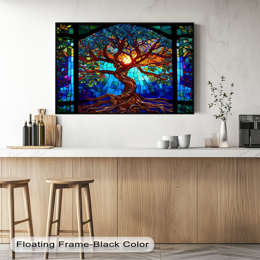 The compelling visual rhythm of this stained glass tree of life wall art, featuring vibrant blues and radiant light, makes it one of the best canvas prints.