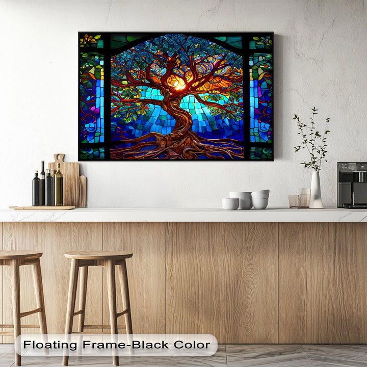 The compelling visual rhythm of this stained glass tree of life wall art, featuring vibrant blues and radiant light, makes it one of the best canvas prints.