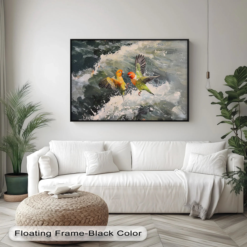 Splash of Love – Colorful Lovebirds Over Ocean Waves Animal Canvas Print - MyPhotoStation