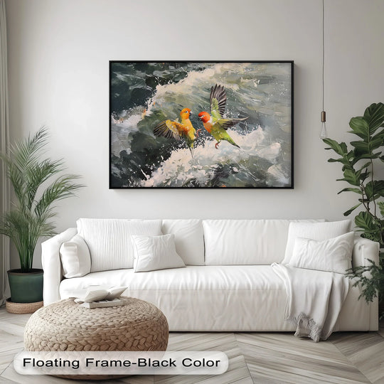 Featuring the layering effect, this vibrant canvas painting depicts a 'Splash of Love' animal canvas print with colorful lovebirds over ocean waves.