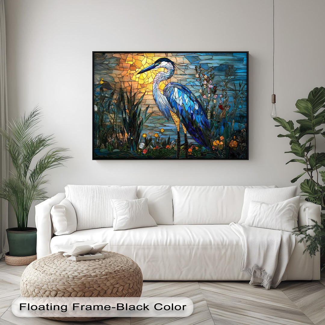 The organic forms of a stunning blue-feathered heron and natural flora in a stained glass sunset are presented as best canvas prints.