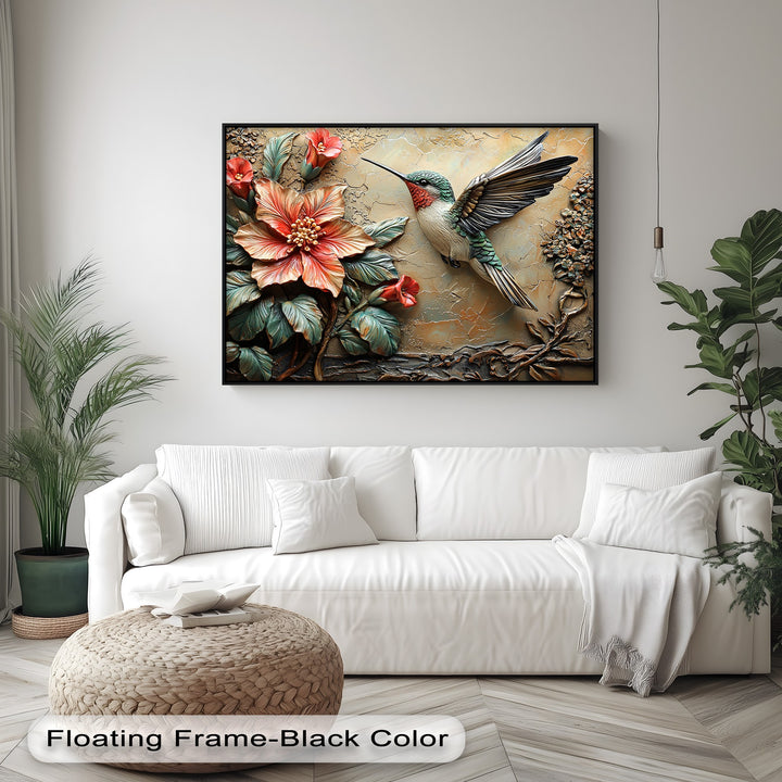 The darkest area, a sleek black frame, beautifully highlights the 3D-style hummingbird and vibrant floral canvas wall decor.