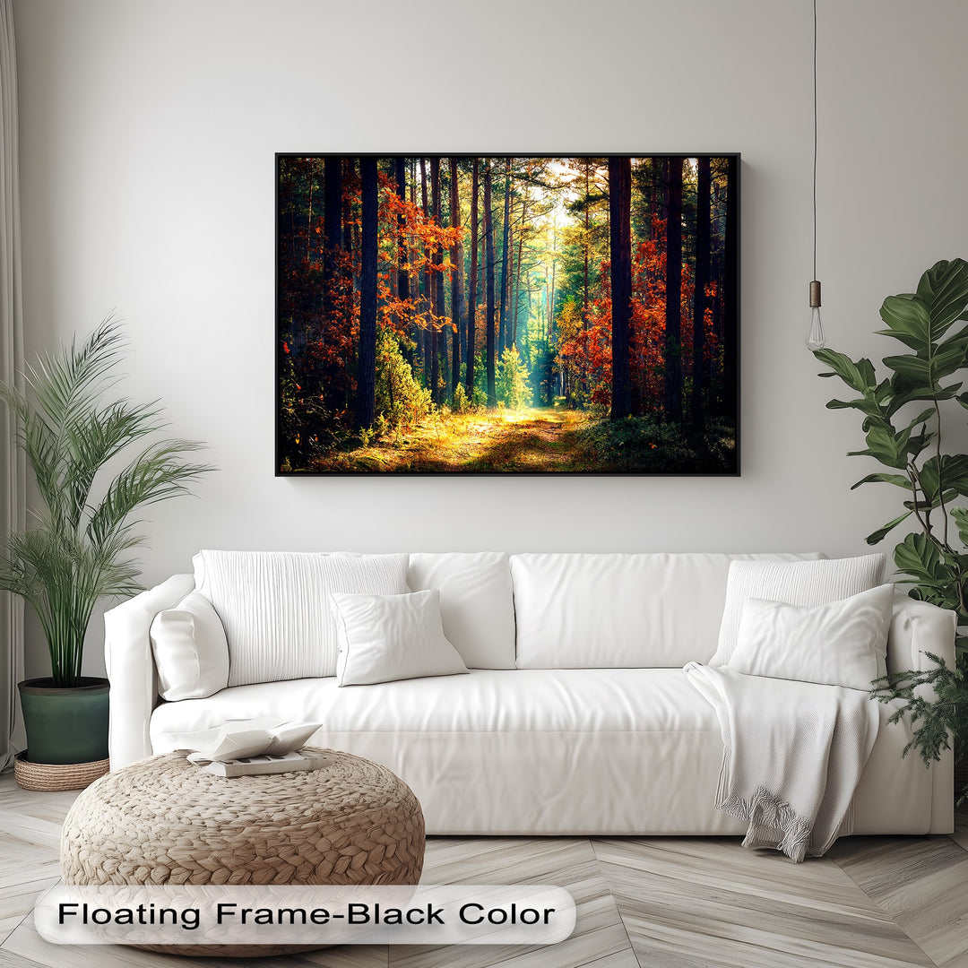 The serene background features a clean white wall, green plants, and a stylish pendant light, showcasing the Autumn Forest best canvas prints.