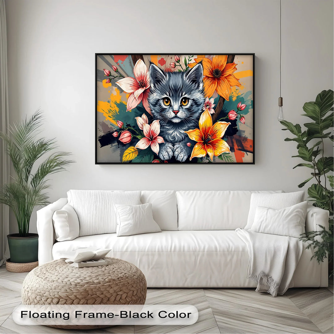 Bloom Burst – Gray Kitten with Vibrant Florals Cat Canvas Print - MyPhotoStation