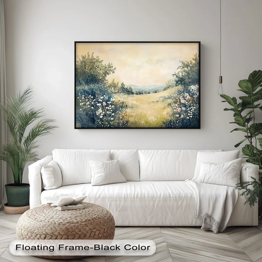 Subtle surface texture enhances the serene landscape canvas wall art print, depicting a golden meadow horizon with gently blurred details for an artistic finish.