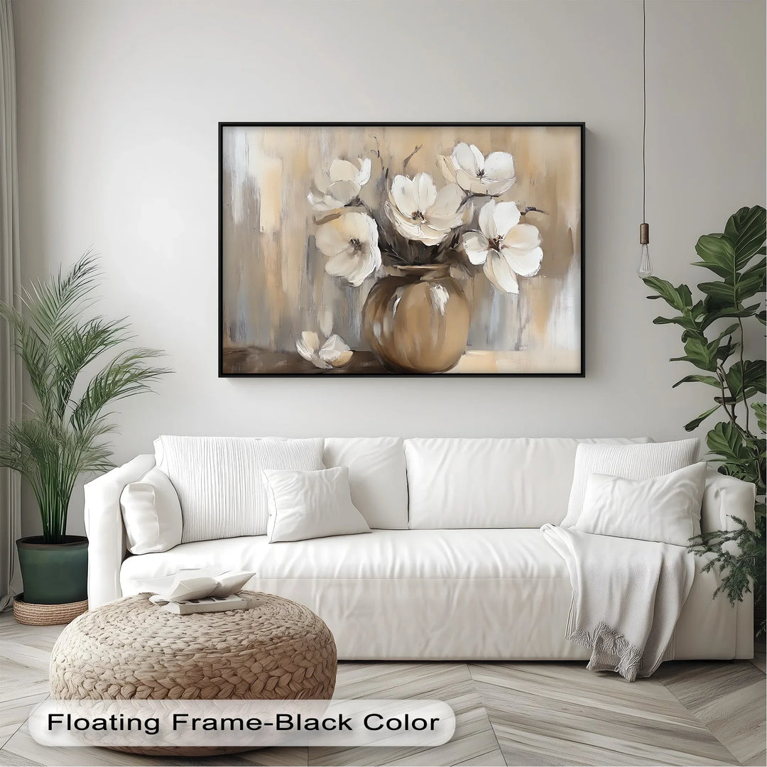 Vintage Serenity – Beige Vase with Cream Flowers Canvas Wall Art - MyPhotoStation
