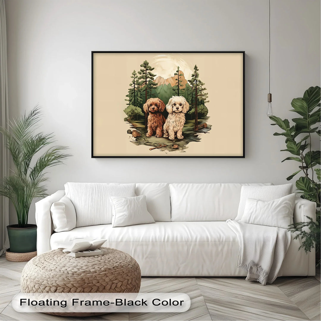 Wilderness Companions – Two Puppies in Forest Mountain Scene Canvas Print - MyPhotoStation