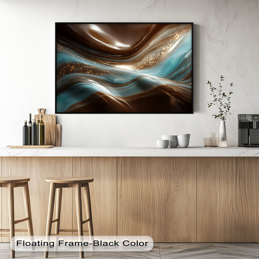 The stillness emanates from the abstract brown and turquoise flowing patterns on this canvas wall decor, accentuated by shimmering gold flecks.
