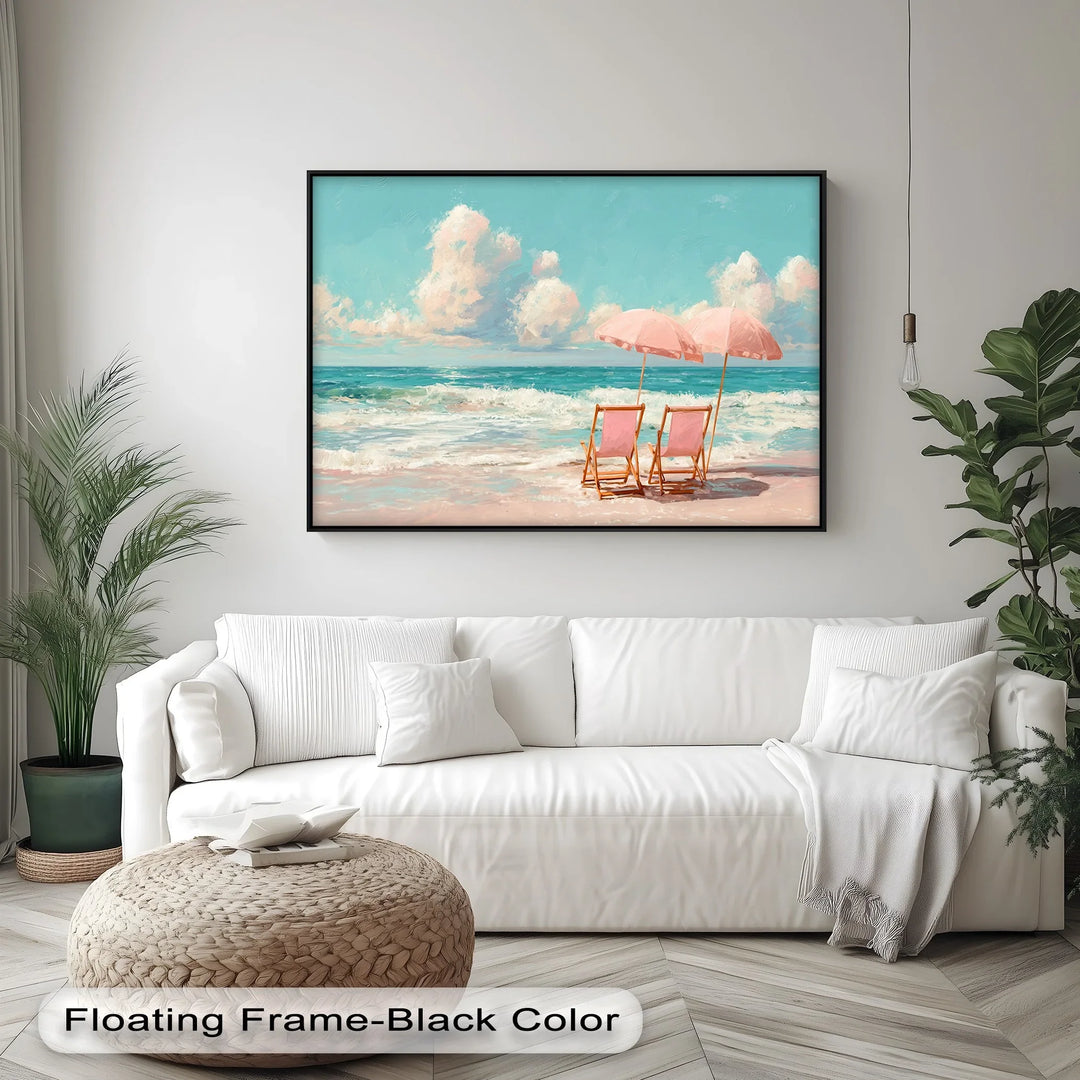 Serene Beach Escape with Pink Umbrellas – Seaside Canvas Print - MyPhotoStation