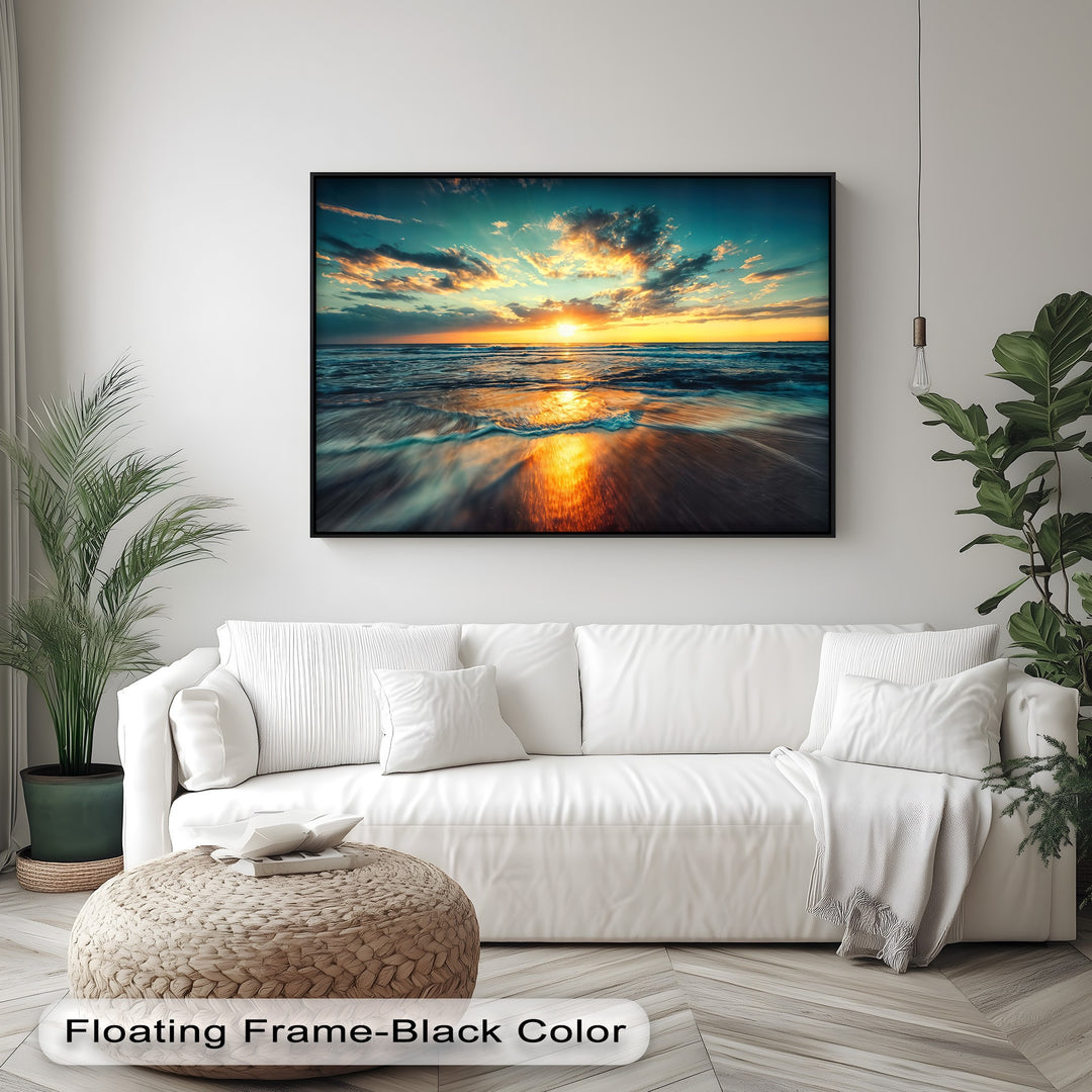 The darkest area reveals the profound indigo depths of the ocean and the rich, reflective wet sand illuminated by golden light in this best canvas prints.