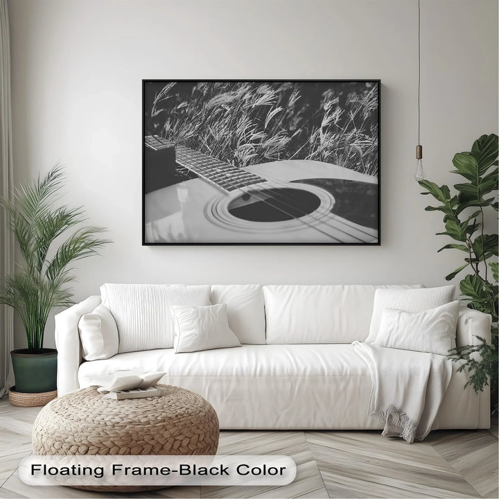 Acoustic Guitar in Field – Black and White Nature Music Canvas Prints - MyPhotoStation
