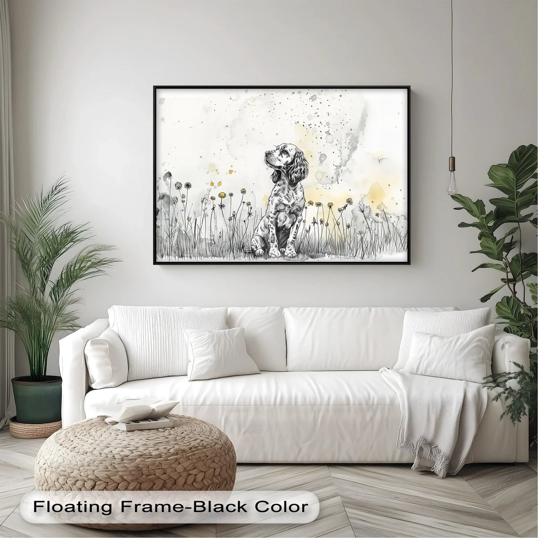 Gentle Wonder – Ink Sketch Puppy in Dandelion Meadow Canvas Print - MyPhotoStation