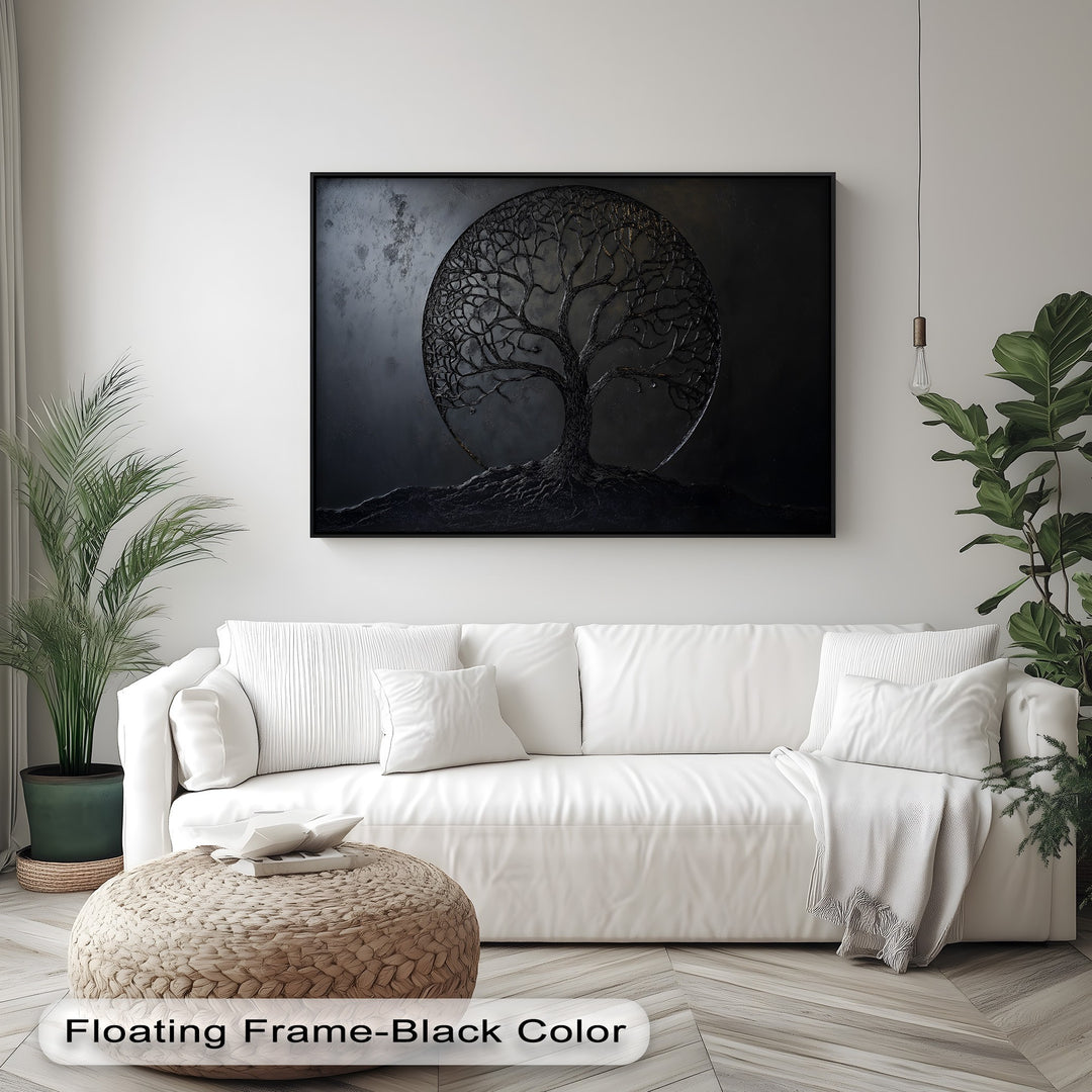 Showcasing a rich, sculptural surface texture, this minimalist dark Tree of Life canvas wall decor features intricately raised branches and roots.