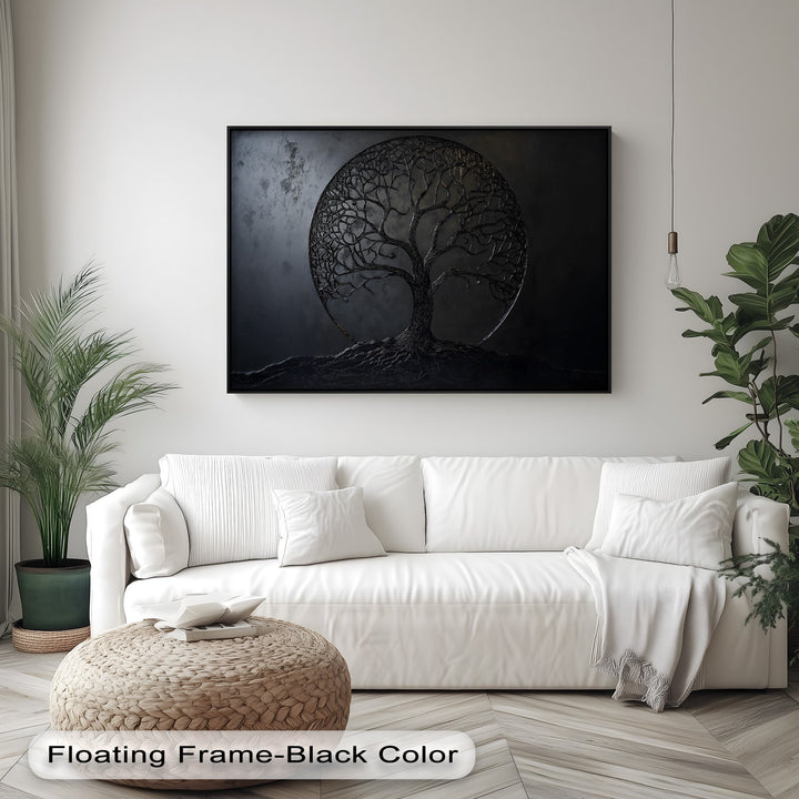 Showcasing a rich, sculptural surface texture, this minimalist dark Tree of Life canvas wall decor features intricately raised branches and roots.