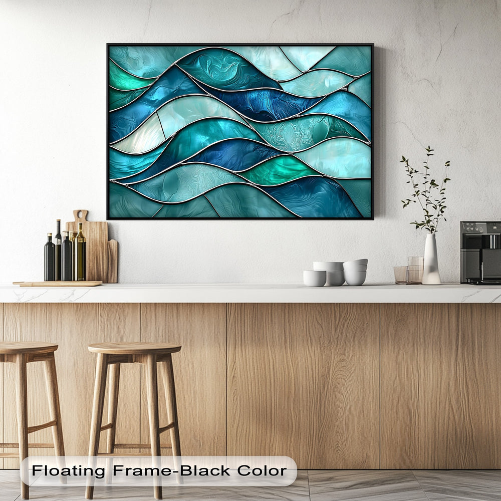 Organic forms of swirling turquoise and blue create a stunning stained glass-style wave canvas wall art, capturing the fluid beauty of the ocean.