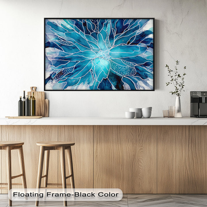 The dynamic flow within this blue watercolor flower canvas artwork features swirling lines and vibrant hues, creating a captivating sense of movement.