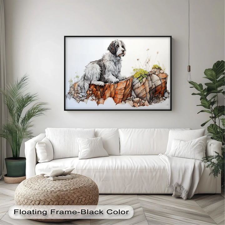 Cliffside Watch – Shaggy Dog on Rocky Ledge Pencil Art Canvas Print - MyPhotoStation