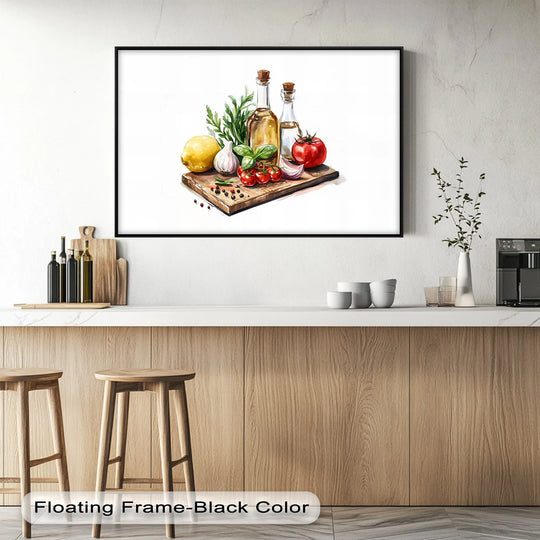 Showcasing the organic forms of basil, olive oil, tomatoes, and garlic in this rustic kitchen canvas art prints creates a fresh, Mediterranean-inspired still life.