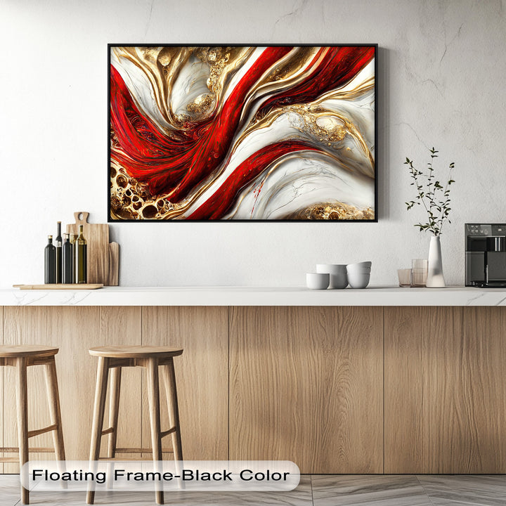 The stillness of the luxurious abstract canvas art prints captures vibrant red, white, and golden marble swirls within a sleek black floating frame.