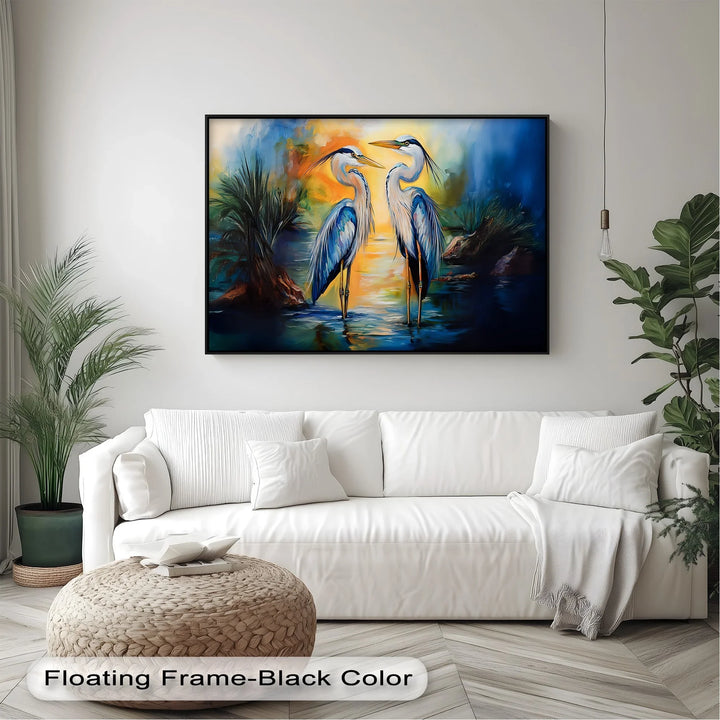 Twin Grace – Elegant Blue Herons at Sunset Canvas Wall Art - MyPhotoStation