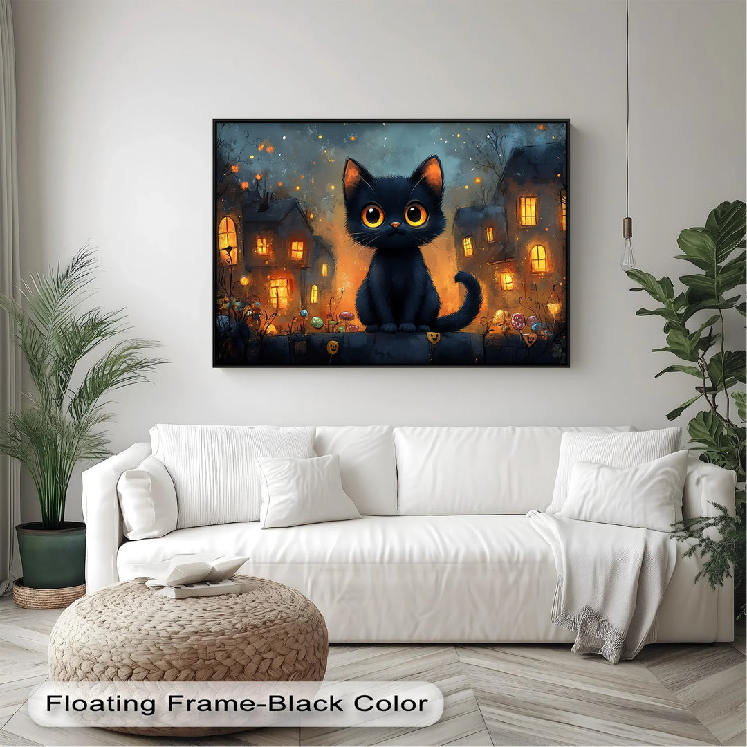 Big-Eyed Black Kitten in a Halloween Town - Cat Canvas Print - MyPhotoStation