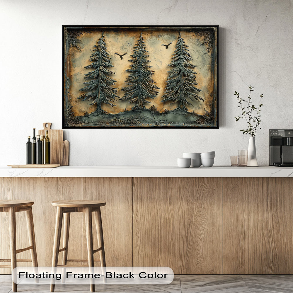 The robust material quality of this hanging canvas brings the rustic pine forest to life with deeply textured 3D woodland nature art.