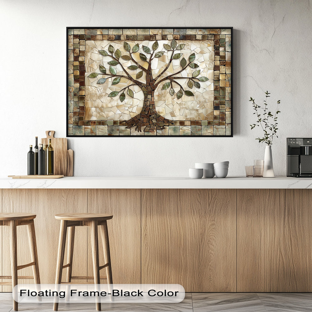 The focal point showcases a neutral botanical mosaic tree canvas wall art with detailed earthy green leaves and a creamy tile background.