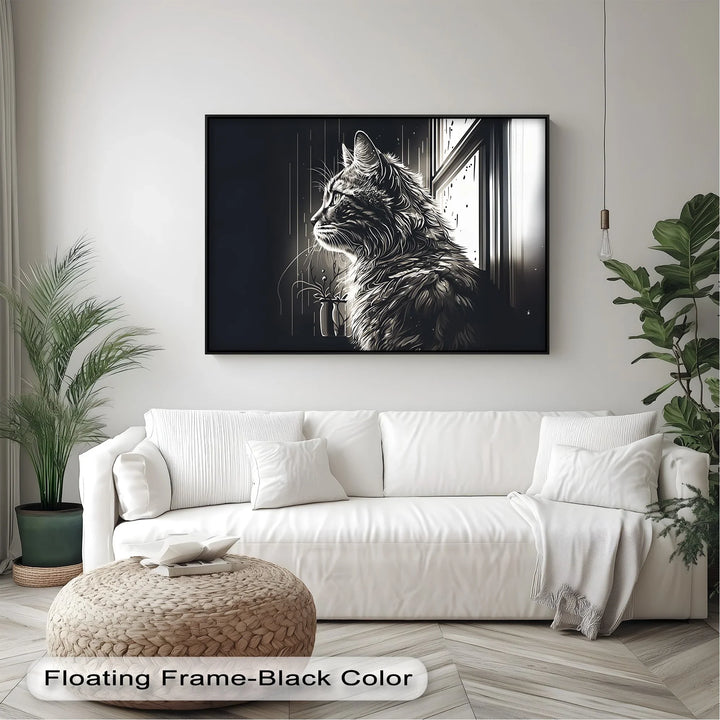 Cat Looking Out the Window in Monochrome - Cat Canvas Print - MyPhotoStation