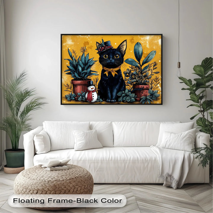 Black Cat with Holiday Hat and Yellow Ribbon - Cat Canvas Print - MyPhotoStation