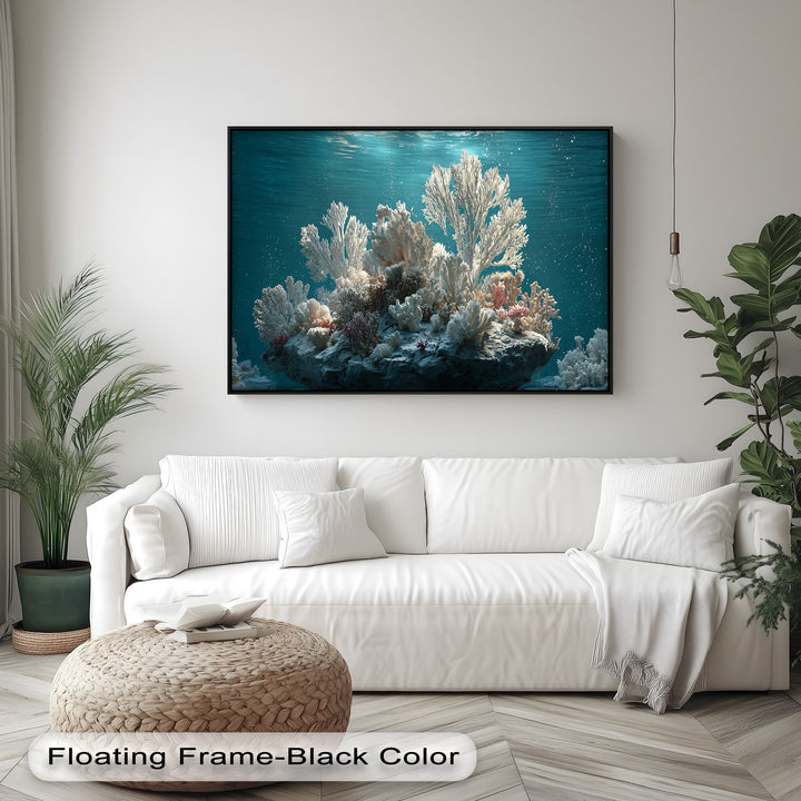 Soft sunlight filters through the turquoise water, casting subtle shadows on the vibrant white coral reef canvas wall decor, creating a serene underwater scene.