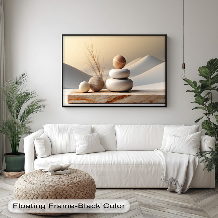 The muted color saturation of this minimalist Zen Stone Balance canvas artwork creates a serene and calming visual for any spa wall art collection.