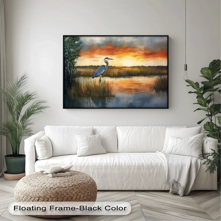 Golden Hour Marshland – Sunset Heron Canvas Wall Art - MyPhotoStation