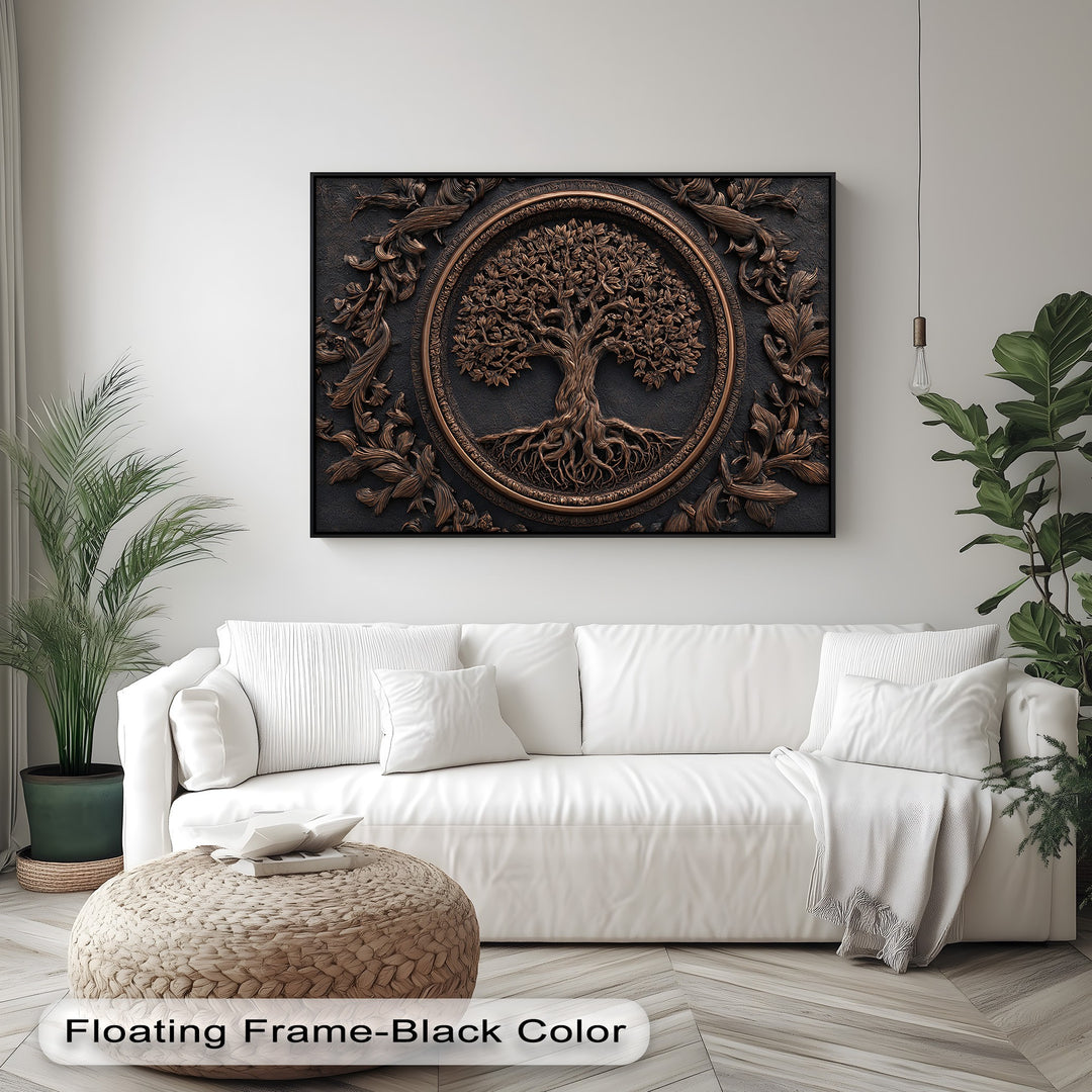 Showcasing rich depth and intricate layers, this bronze Tree of Life canvas wall art features a detailed carved design and ornate, textural frame.