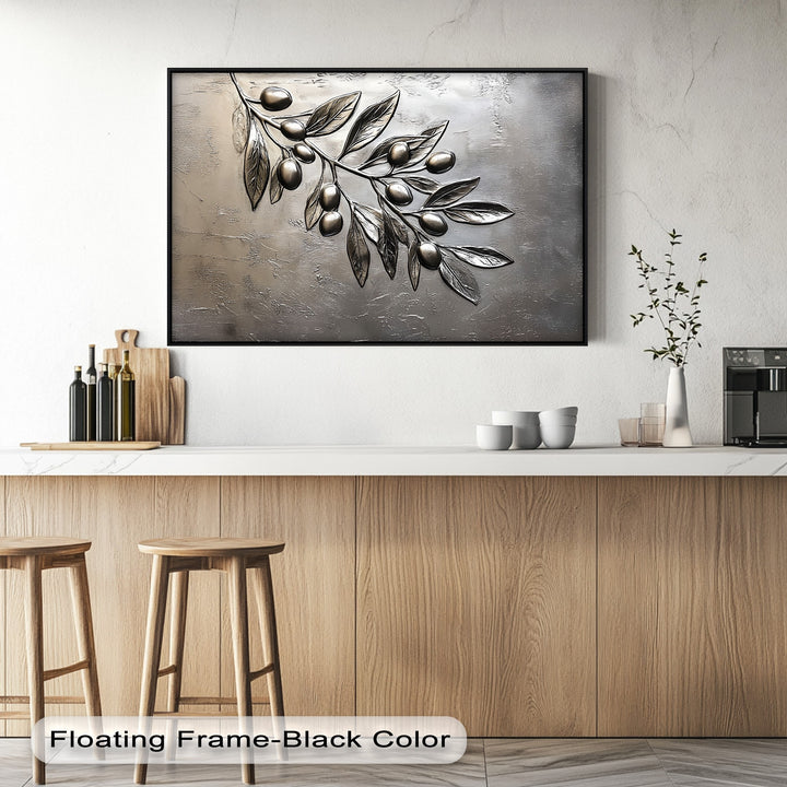 Cool color temperature dominates this stylish silver olive branch hanging canvas print, enhancing its metallic sheen and elegant botanical design.