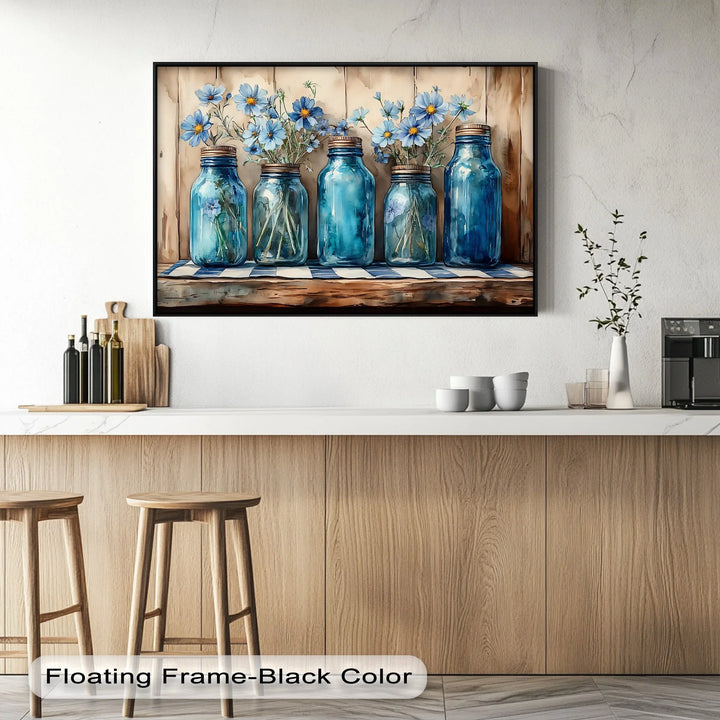 Vintage Blue Mason Jars with Wildflowers – Farmhouse Kitchen Canvas Art - MyPhotoStation