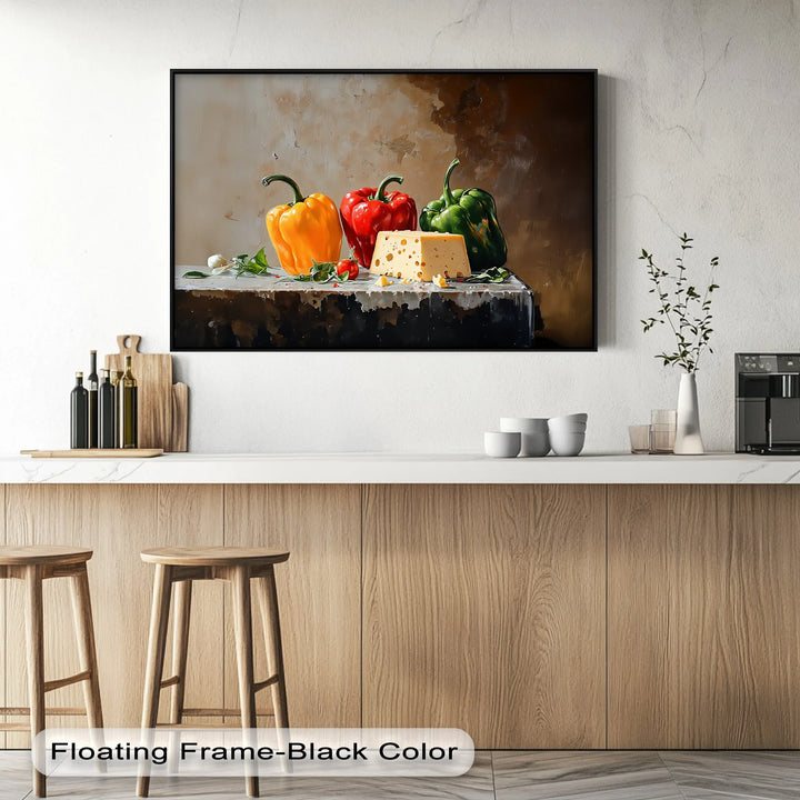 Colorful Bell Peppers & Cheese – Rustic Kitchen Canvas Print - MyPhotoStation