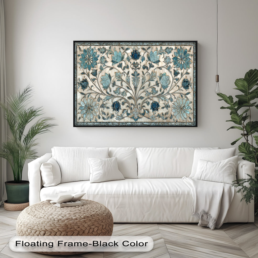 The darkest area highlights the sleek black floating frame enclosing the elegant blue floral ornament canvas art, accentuating its intricate botanical design.