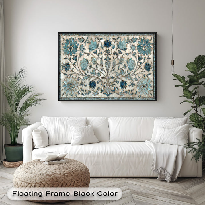 The darkest area highlights the sleek black floating frame enclosing the elegant blue floral ornament canvas art, accentuating its intricate botanical design.