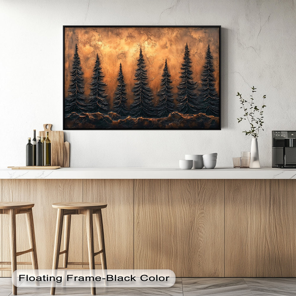 Deeply textured canvas art reveals a rustic pine forest with layered evergreen trees against a warm, bronze sky, creating rich visual depth.
