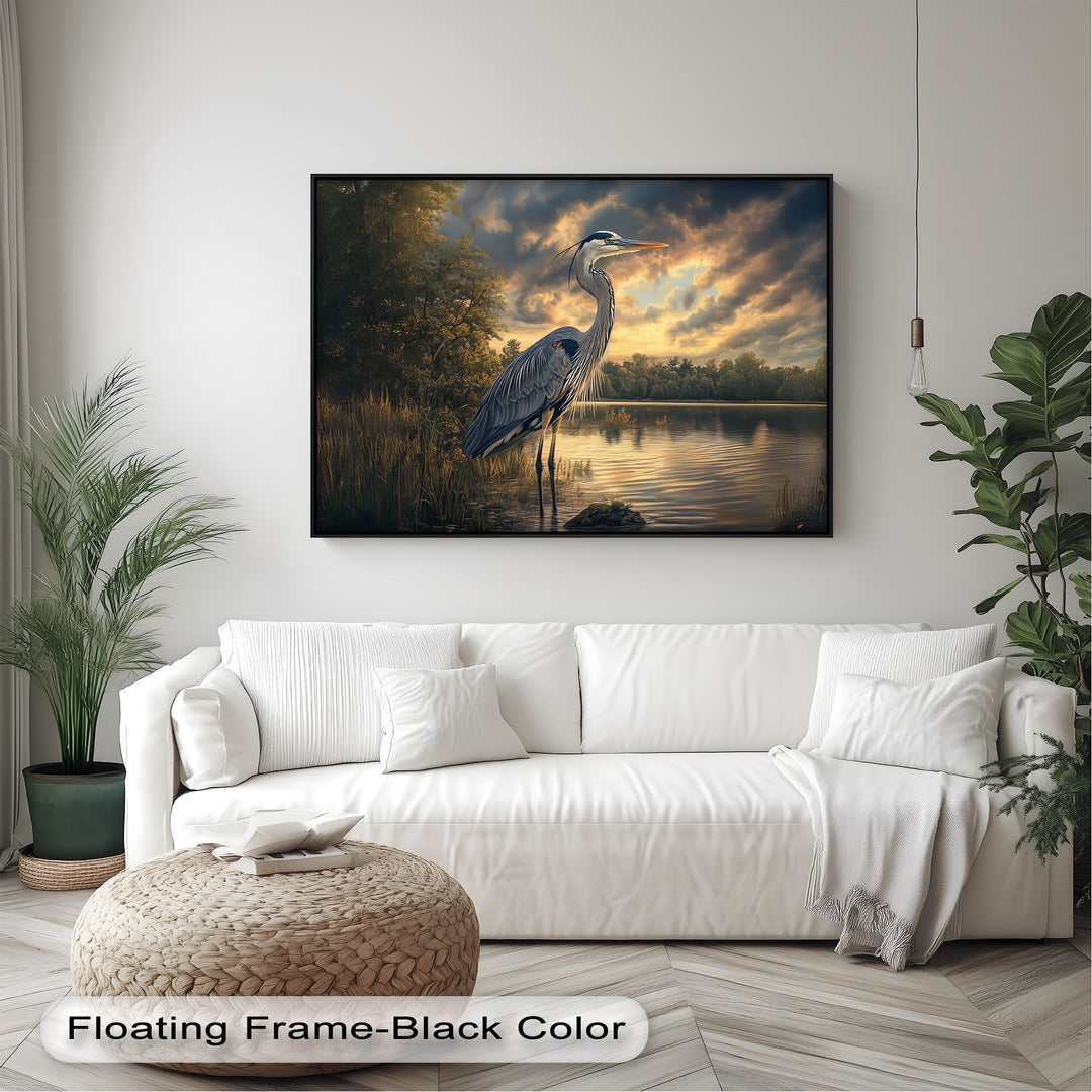 Twilight Sentinel – Heron by the Forest Lake Canvas Wall Art