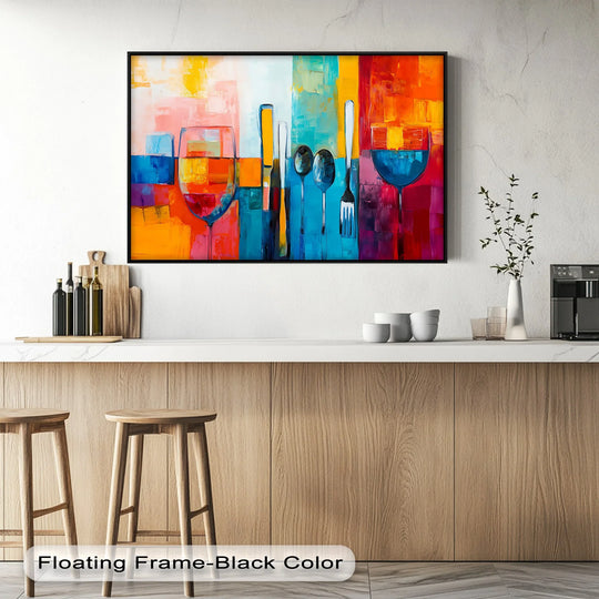 Realistic detail highlights the vivid colors of this modern table setting kitchen big canvas prints, showcasing painted wine glasses and utensils in an abstract arrangement.