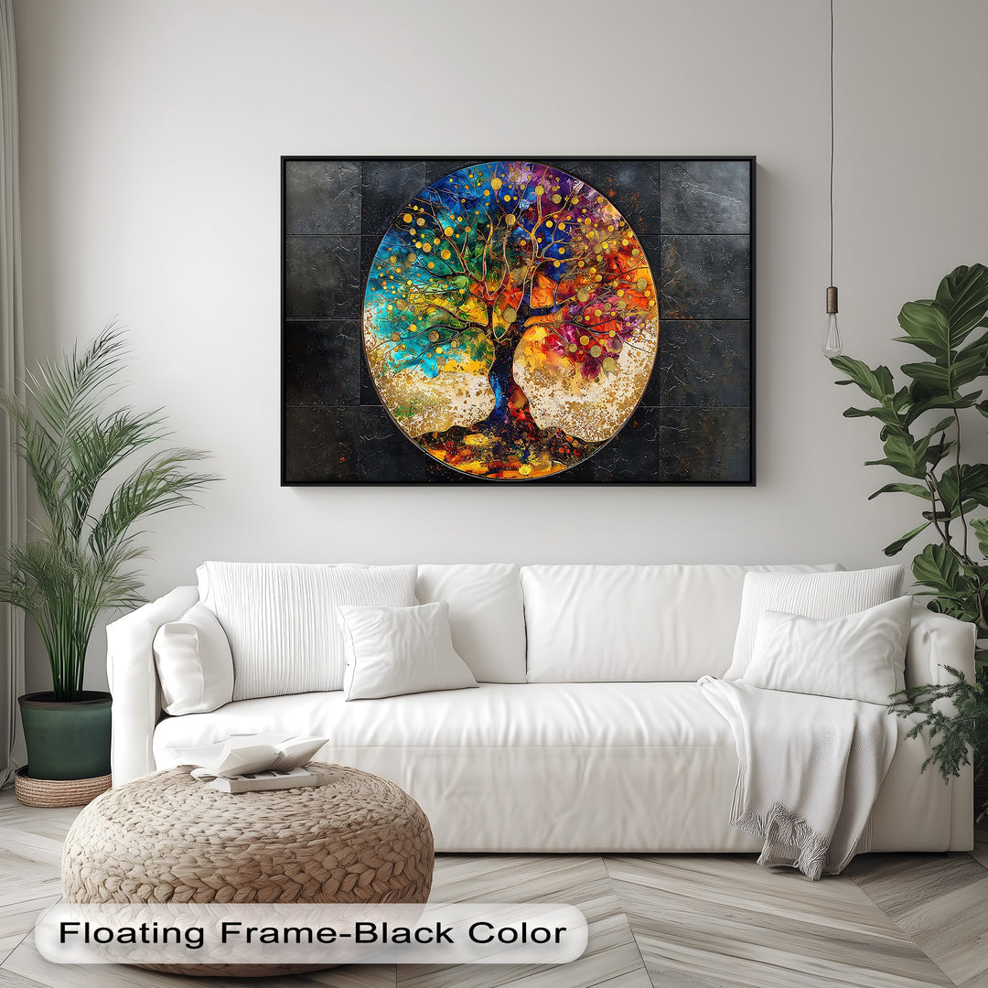 The layering effect is evident in this dynamic round abstract colorful tree canvas wall art, featuring vibrant hues and shimmering golden accents.