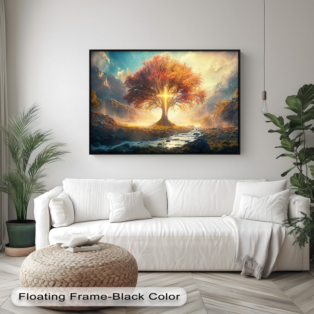 Light and shadow from a glowing cross in a radiant autumn tree shape the fantasy mountain canvas art with a winding stream.