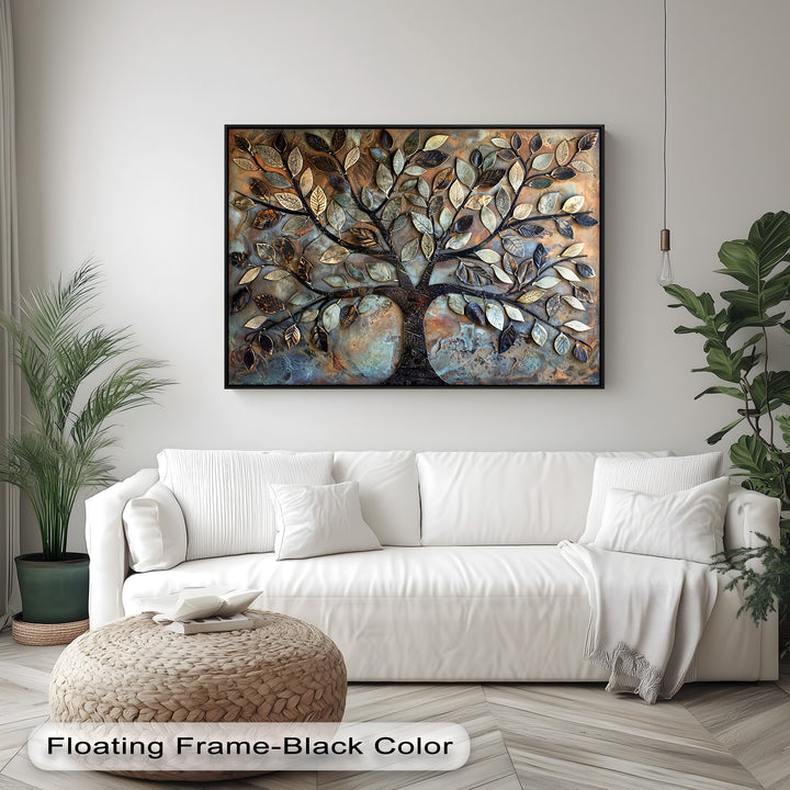 The bright, metallic-toned leaves on the Tree of Life canvas print gleam against a crisp white wall, making it one of the best canvas prints.