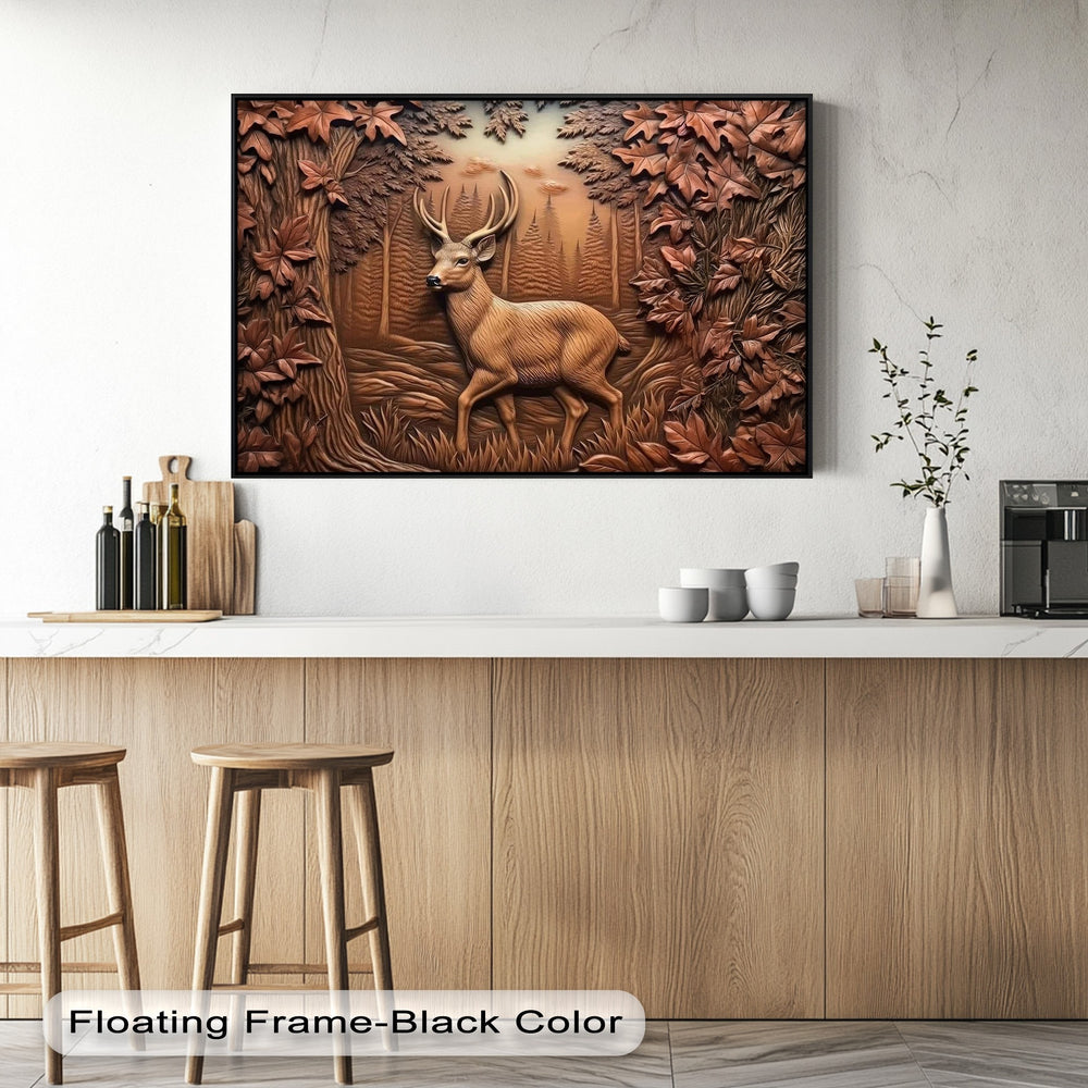 The artwork's impressive depth and layers are evident in this big canvas print featuring a rustic woodland relief of a majestic deer among autumn leaves.