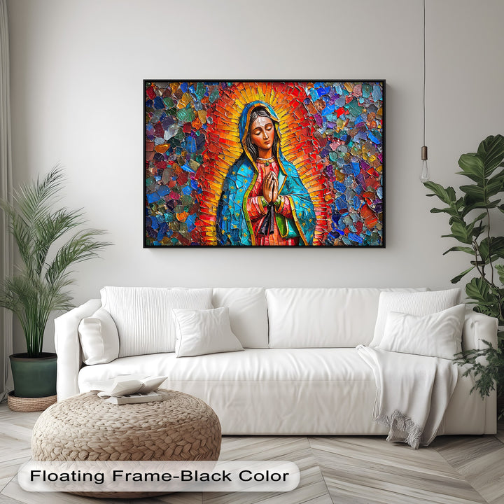 The softest element, a luxurious white sofa adorned with plump pillows, frames the vibrant Our Lady of Guadalupe unique canvas print.
