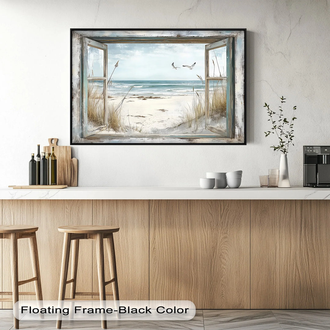 Seaside Escape Through Rustic Window – Kitchen Canvas Art - MyPhotoStation