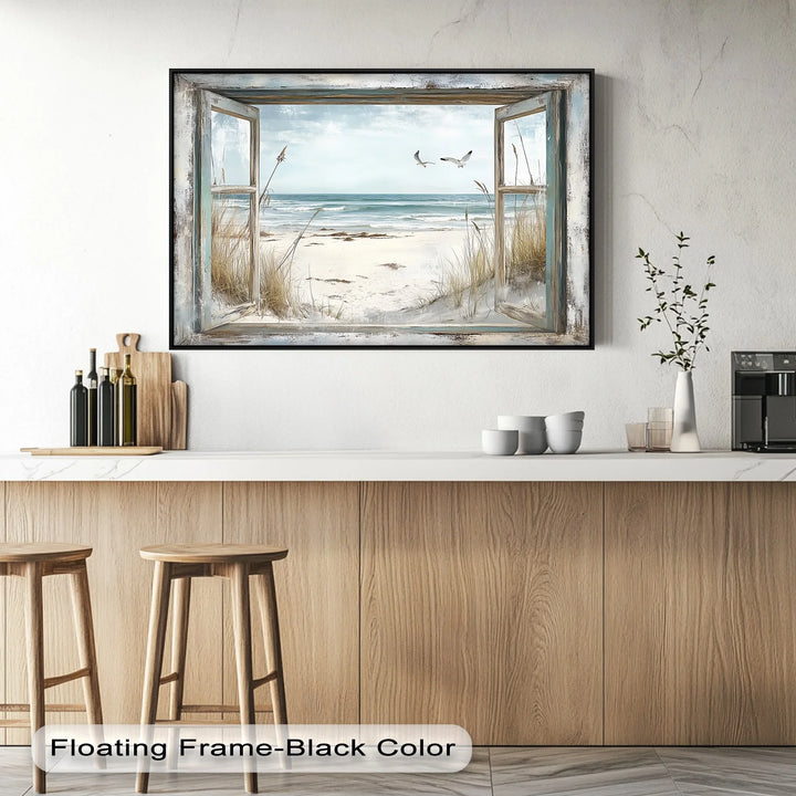 Seaside Escape Through Rustic Window – Kitchen Canvas Art - MyPhotoStation