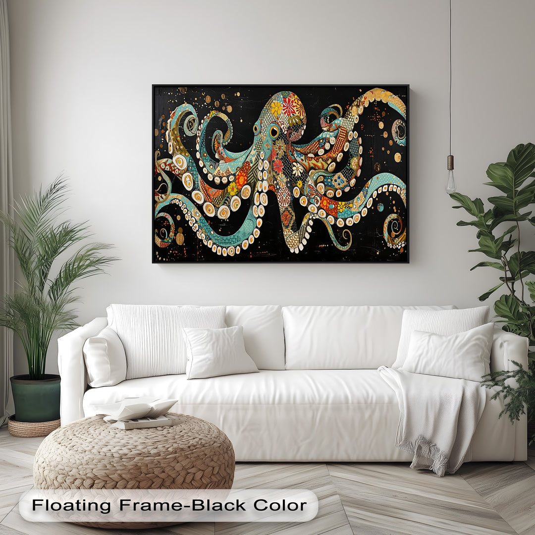 Against a bright white wall and sofa, a mesmerizing mosaic octopus canvas artwork features vibrant colors and gold details.